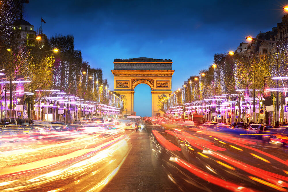 Paris City At Sunset Arch Of Triumph And Champs Elysees